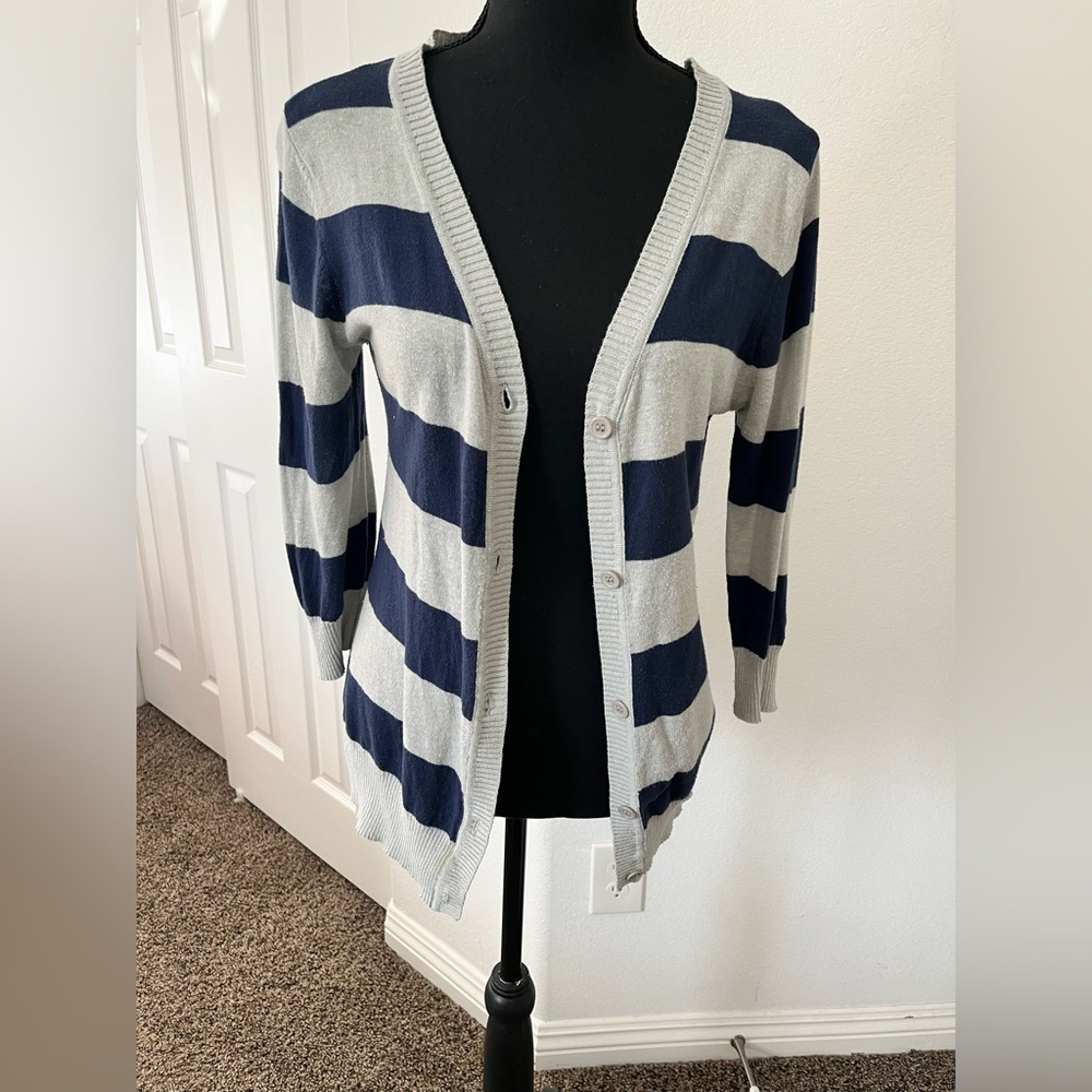 Gold Drama Striped Navy and Gray Women's Cardigan Sweater